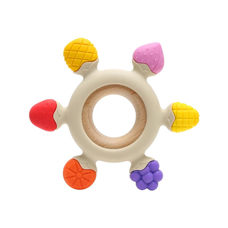 1pc Food Grade Baby Silicone Teether Rudder Shape Wooden Ring Teething Toys BPA Free Infant Chewing Nursing Toy Newborn Gifts