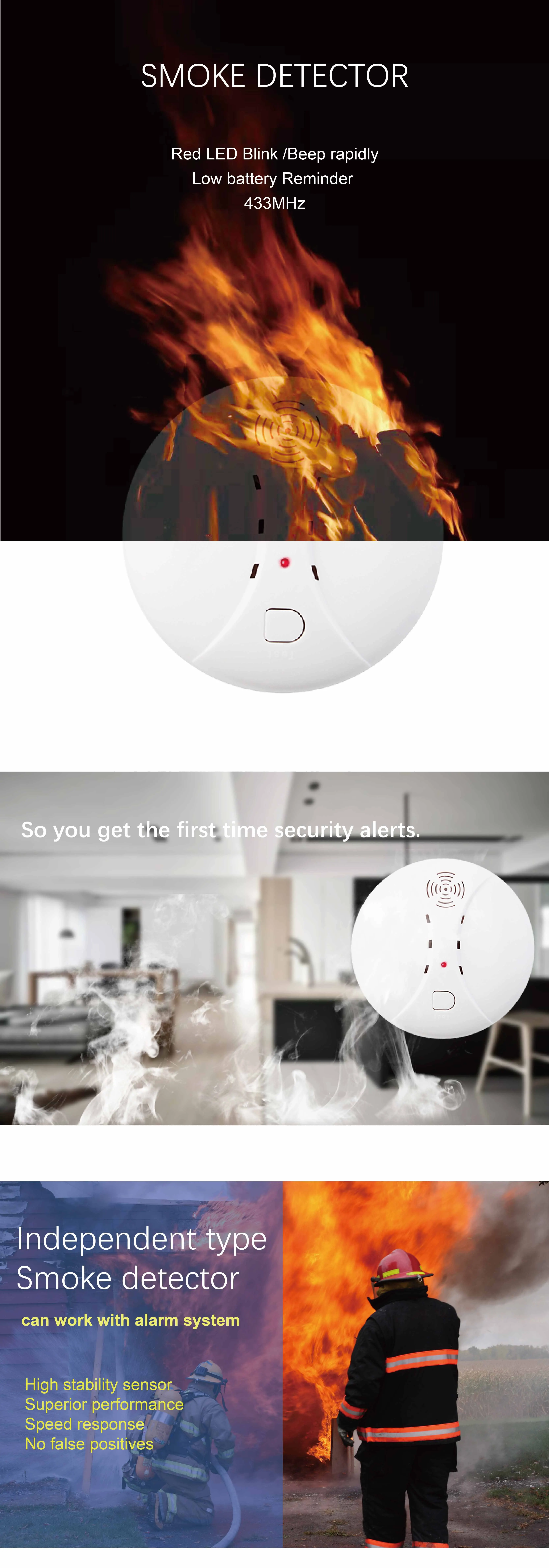 433MHz Wireless Fire Protection Smoke alarm Detector Alarm Sensors Work with Tuya WIFI GSM home security Alarm Systems