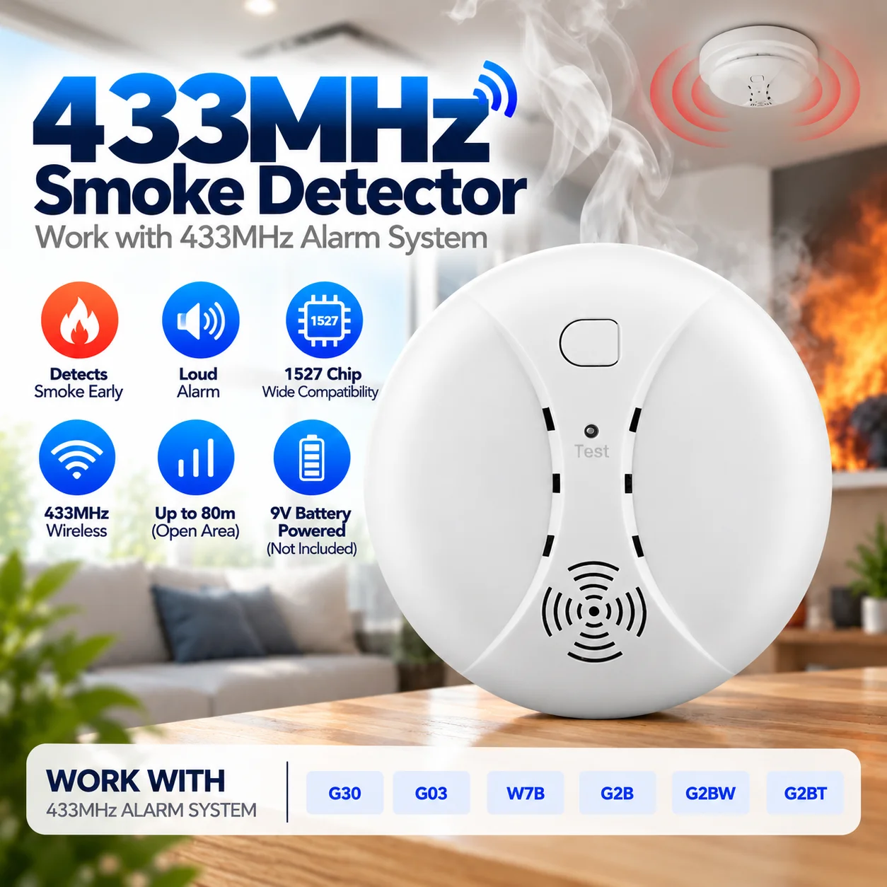 433MHz Wireless Fire Protection Smoke alarm Detector Alarm Sensors Work with Tuya WIFI GSM home security Alarm Systems