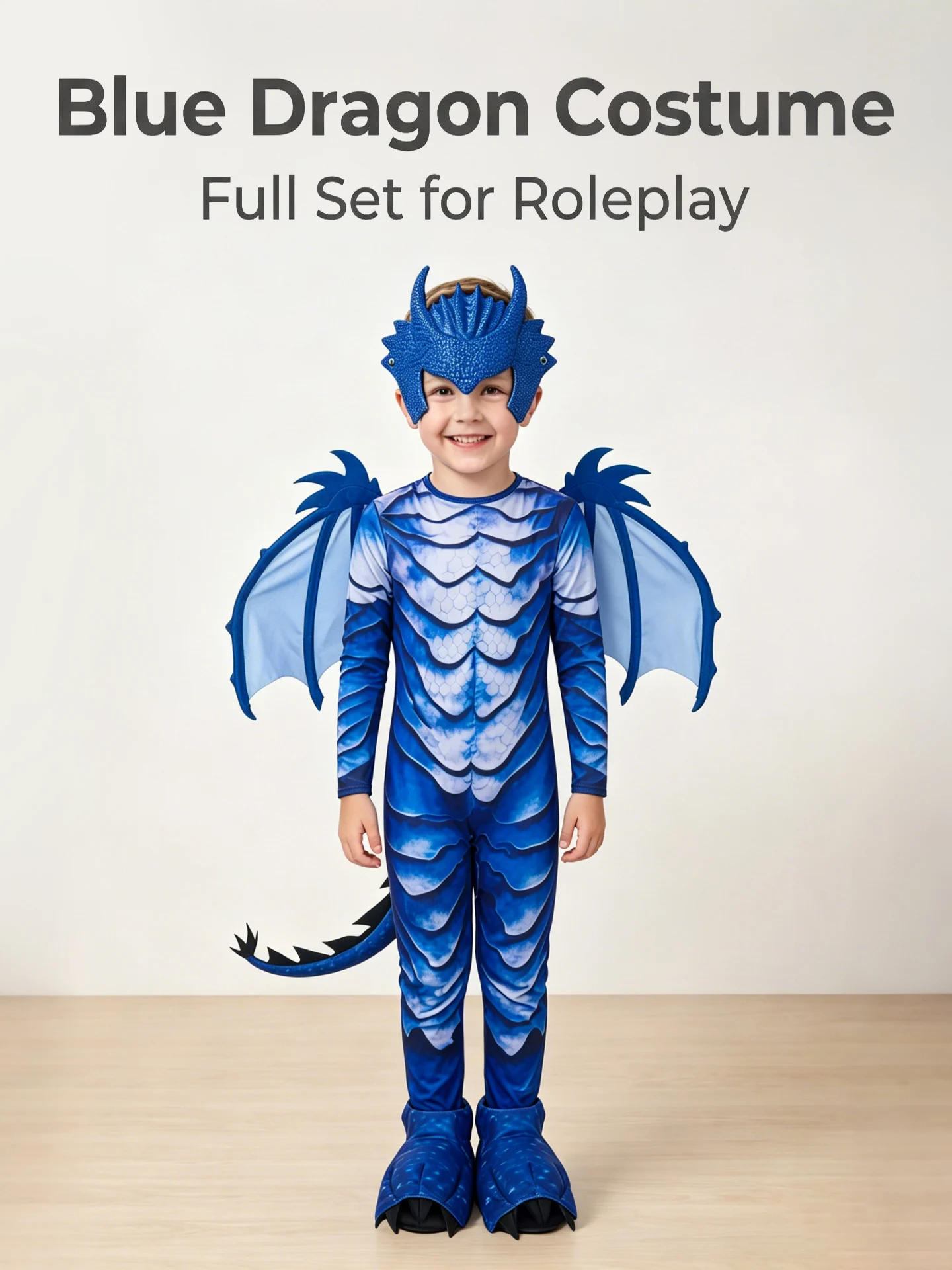 The Frost Blue Dragon Knight Jumpsuit for Kids, Halloween Carnival Theme Party Costume with Wing Tail Mask