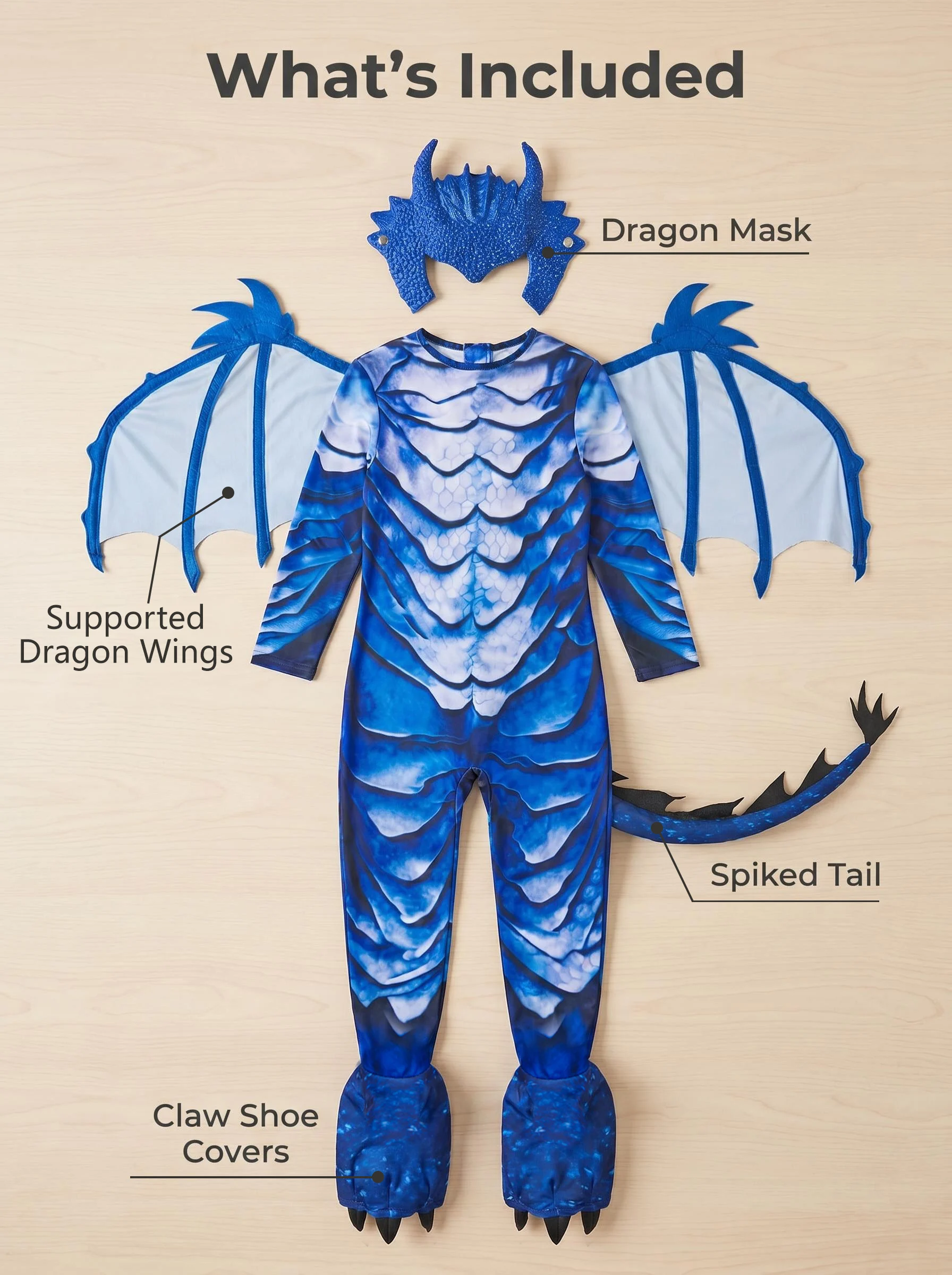 The Frost Blue Dragon Knight Jumpsuit for Kids, Halloween Carnival Theme Party Costume with Wing Tail Mask