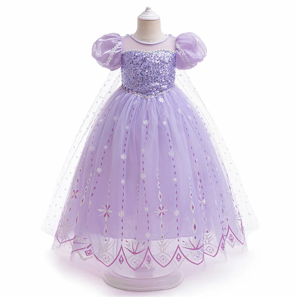 Girls 8pcs Sequin Elsa Princess Gown Girl Frozen Cosplay Party Dress Young Kids Shining Snowflake Clothes Fashion Evening Gown