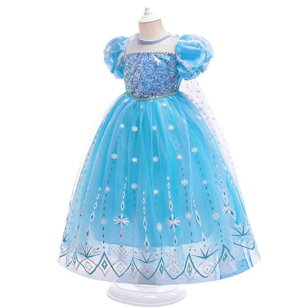 Girls 8pcs Sequin Elsa Princess Gown Girl Frozen Cosplay Party Dress Young Kids Shining Snowflake Clothes Fashion Evening Gown