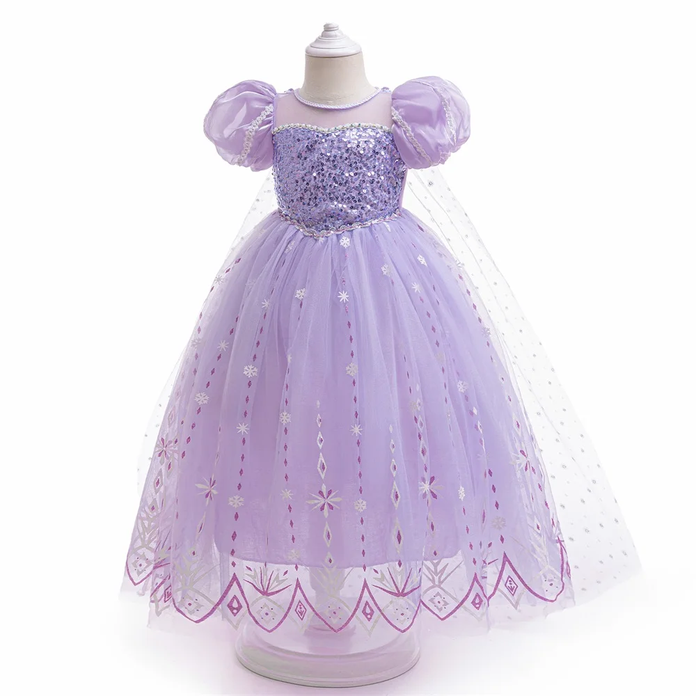 Girls 8pcs Sequin Elsa Princess Gown Girl Frozen Cosplay Party Dress Young Kids Shining Snowflake Clothes Fashion Evening Gown