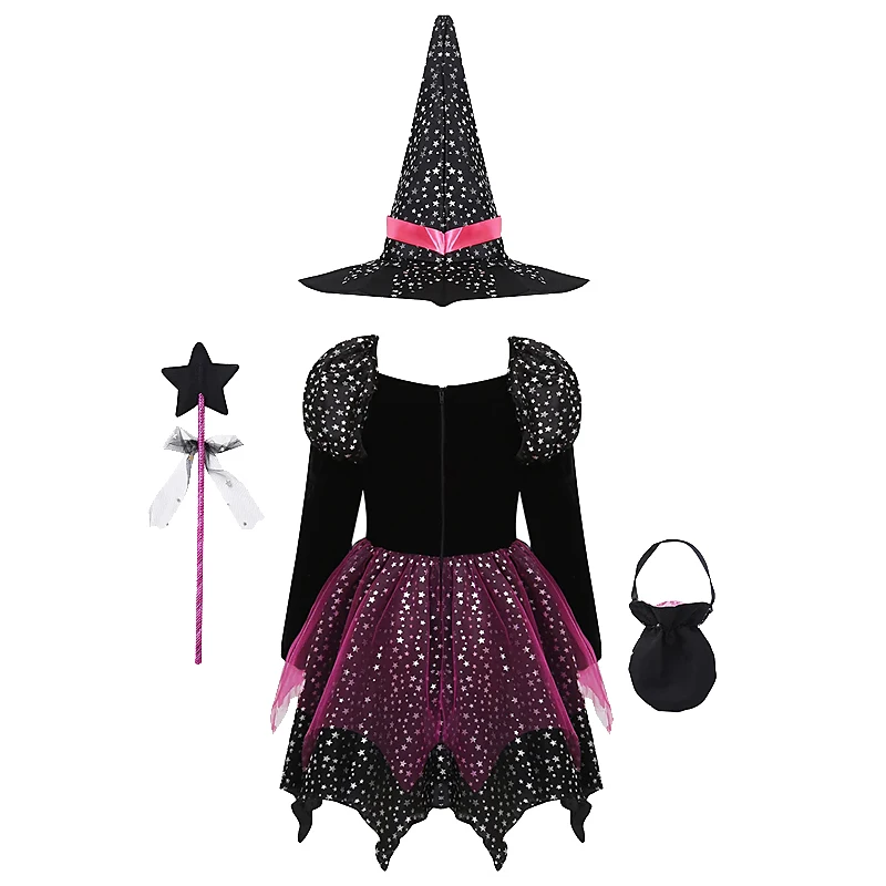 Halloween Party Costumes Witch Dress for Girls Kids Cosplay Carnival Clothes with Hat Bag Carnival Party Outfits