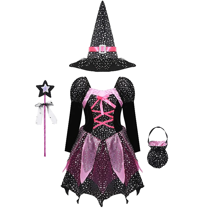 Halloween Party Costumes Witch Dress for Girls Kids Cosplay Carnival Clothes with Hat Bag Carnival Party Outfits
