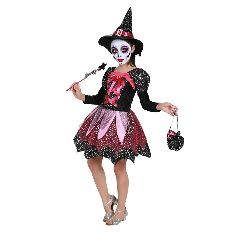 Halloween Party Costumes Witch Dress for Girls Kids Cosplay Carnival Clothes with Hat Bag Carnival Party Outfits