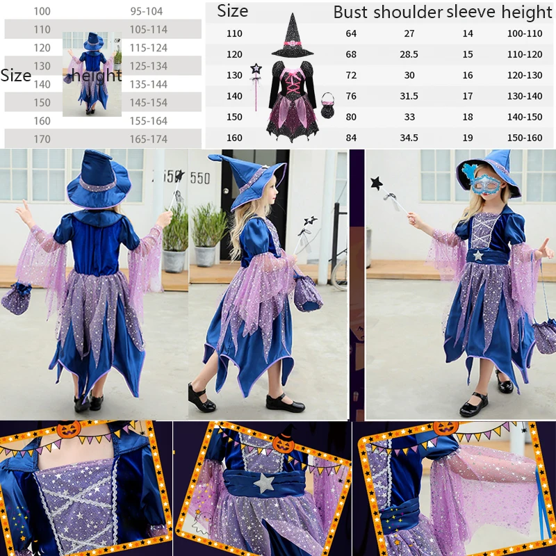 Halloween Party Costumes Witch Dress for Girls Kids Cosplay Carnival Clothes with Hat Bag Carnival Party Outfits