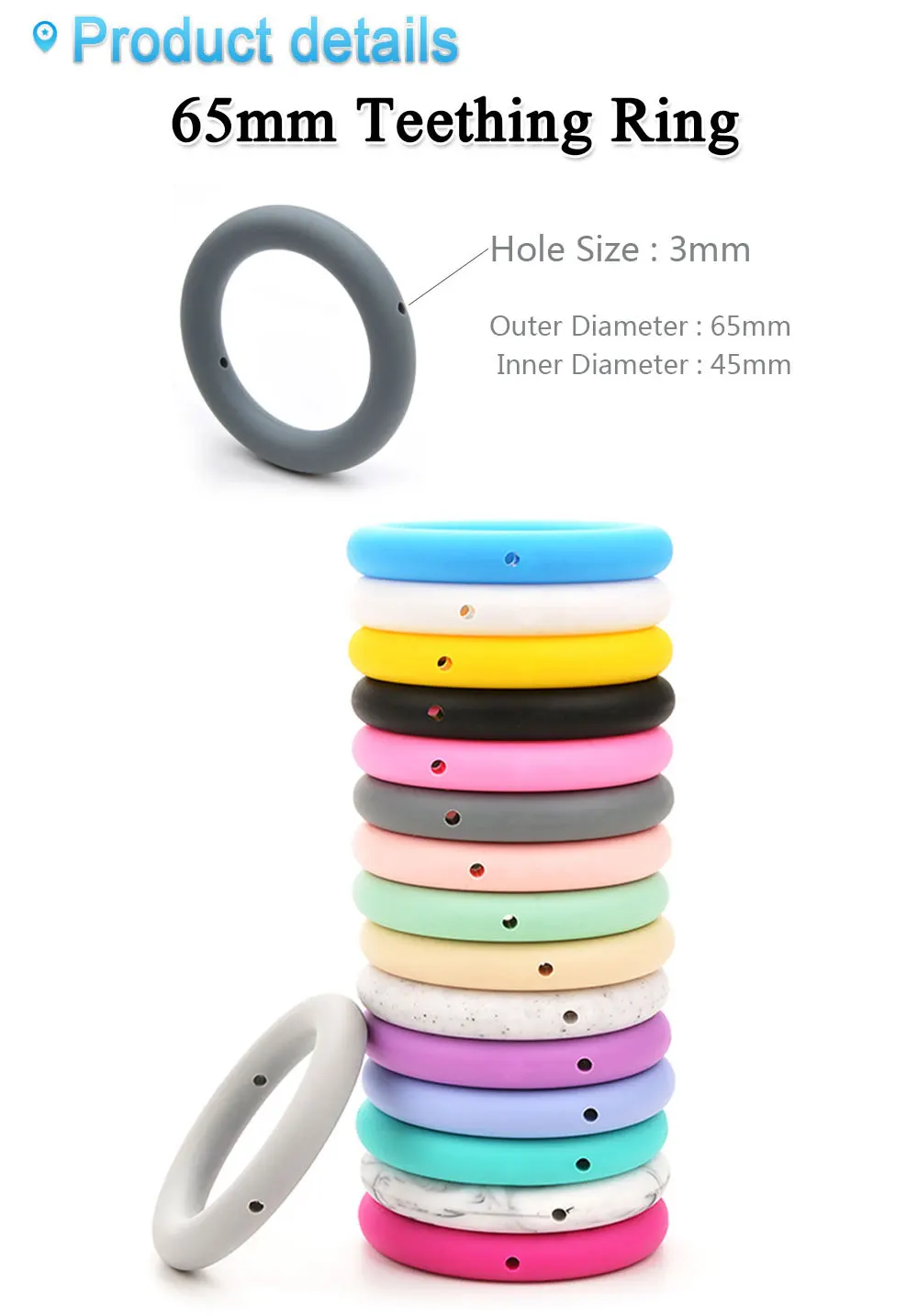 LOFCA Teething Ring 65mm Silicone Beads 3pcs Baby Charm Teether Necklace Pacifier Making BPA Free Food Grade Silicone Jewelry