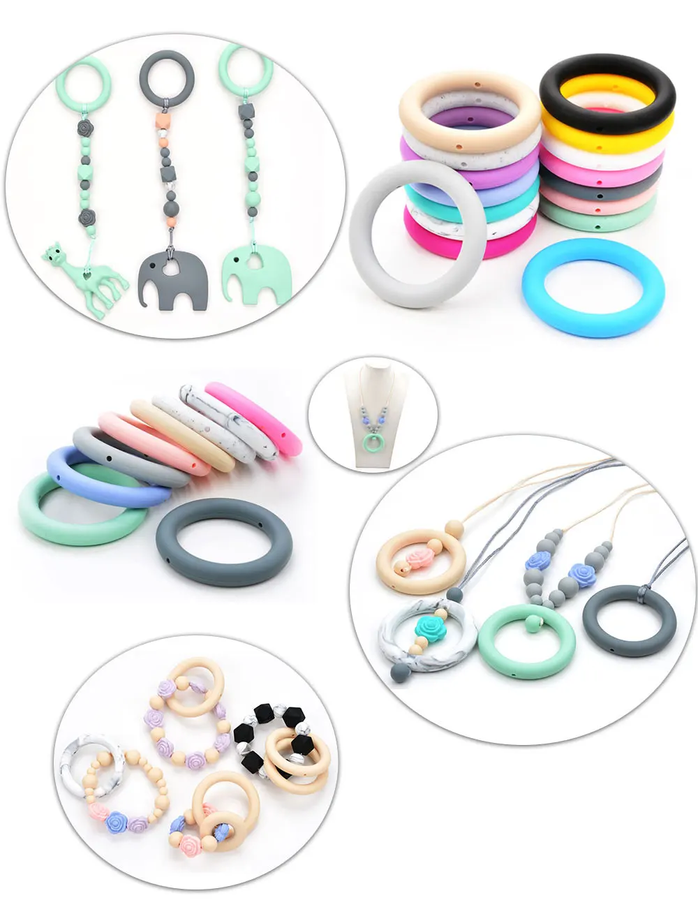 LOFCA Teething Ring 65mm Silicone Beads 3pcs Baby Charm Teether Necklace Pacifier Making BPA Free Food Grade Silicone Jewelry