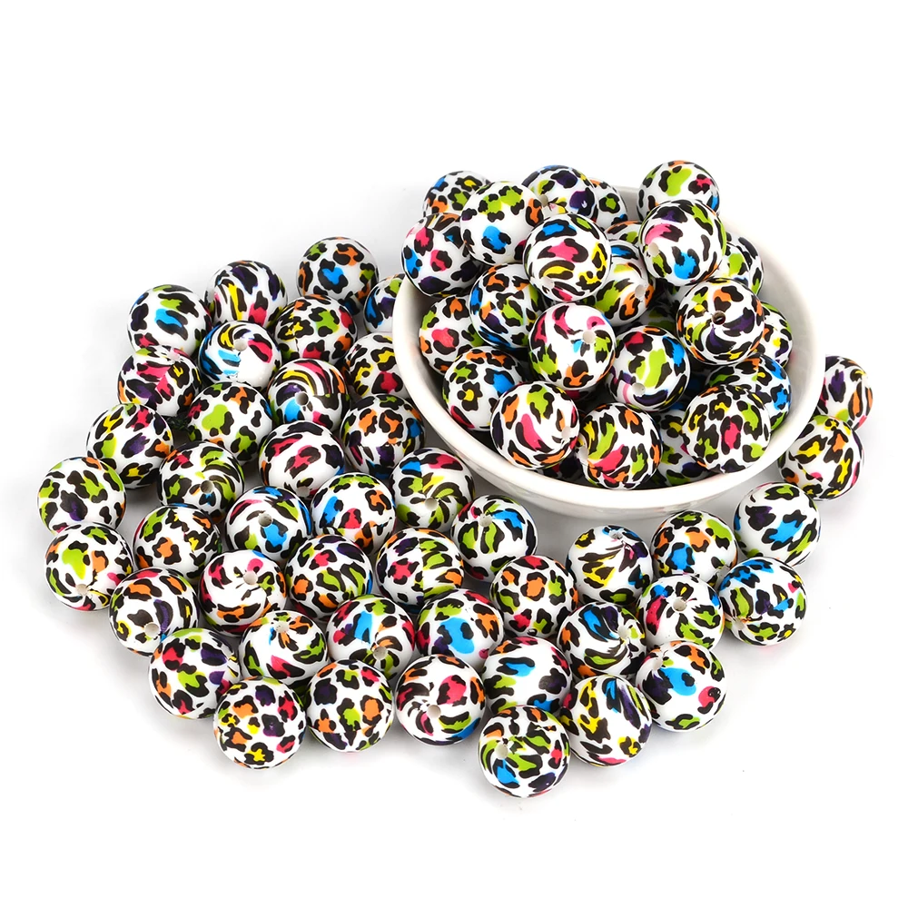 LOFCA 20pcs Tie dye leopard Terrazzo Dalmatian camo Silicone Loose Beads Teething Beads DIY Chewable Baby Safe Teether Round