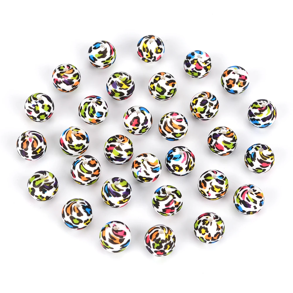 LOFCA 20pcs Tie dye leopard Terrazzo Dalmatian camo Silicone Loose Beads Teething Beads DIY Chewable Baby Safe Teether Round