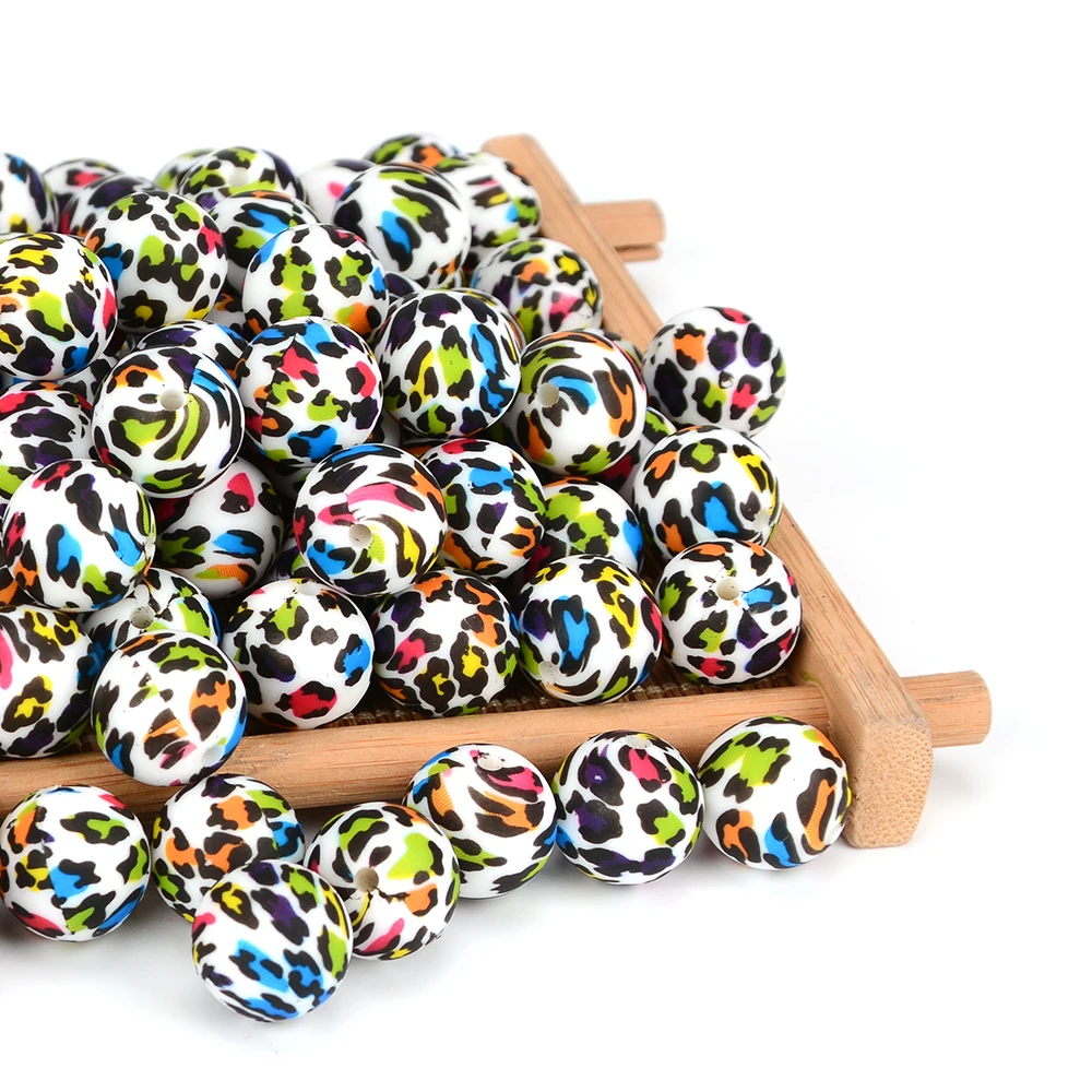 LOFCA 20pcs Tie dye leopard Terrazzo Dalmatian camo Silicone Loose Beads Teething Beads DIY Chewable Baby Safe Teether Round