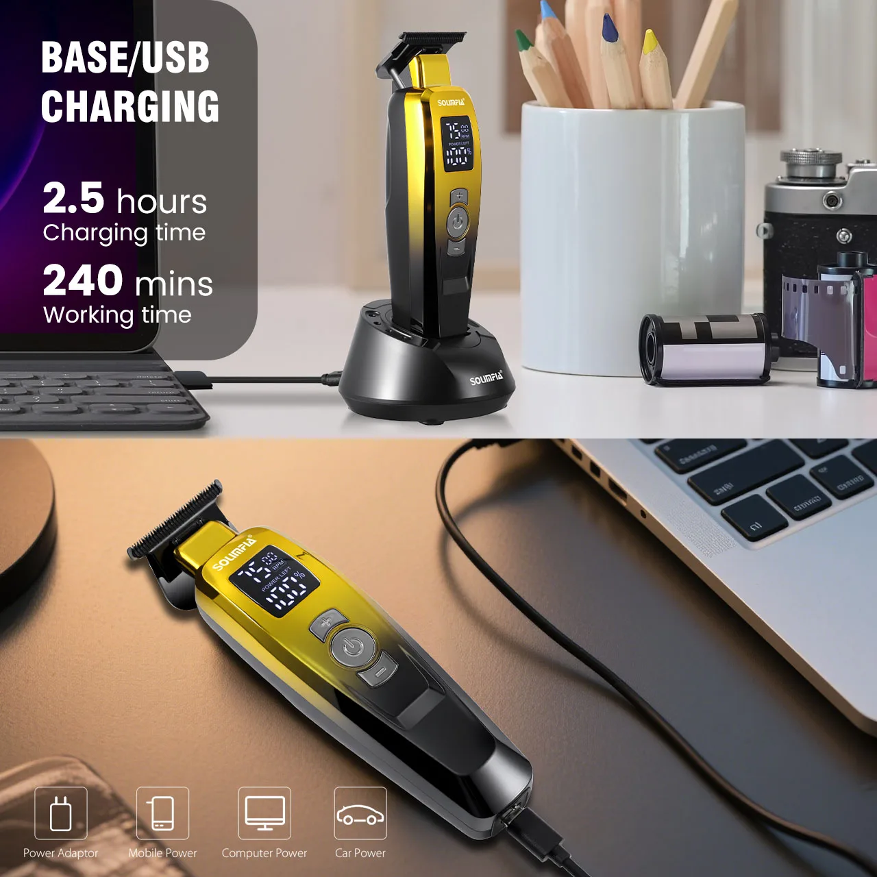 Hatteker New Electric Hair Clipper with Base Charging Oiled Blade Engraving Push White Salon Haircut Knife, Hairdressing Trimmer