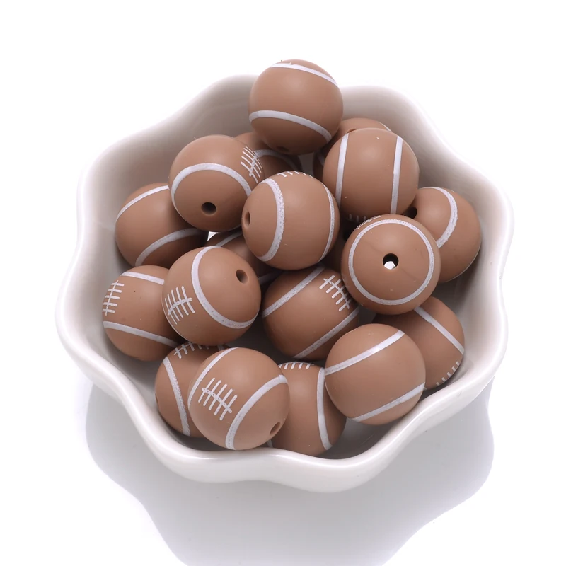 10Pcs 15mm Printed Silicone Beads Round Baseball Tennis Basketball Food Grade Teether Beads for DIY Baby Pacifier Chain Clip