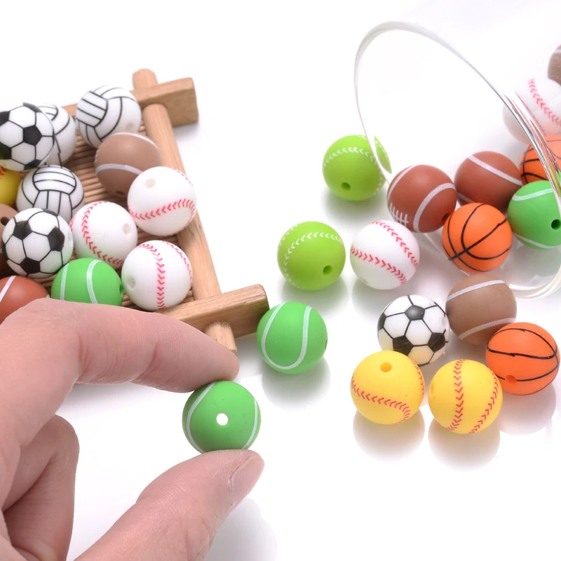 10Pcs 15mm Printed Silicone Beads Round Baseball Tennis Basketball Food Grade Teether Beads for DIY Baby Pacifier Chain Clip