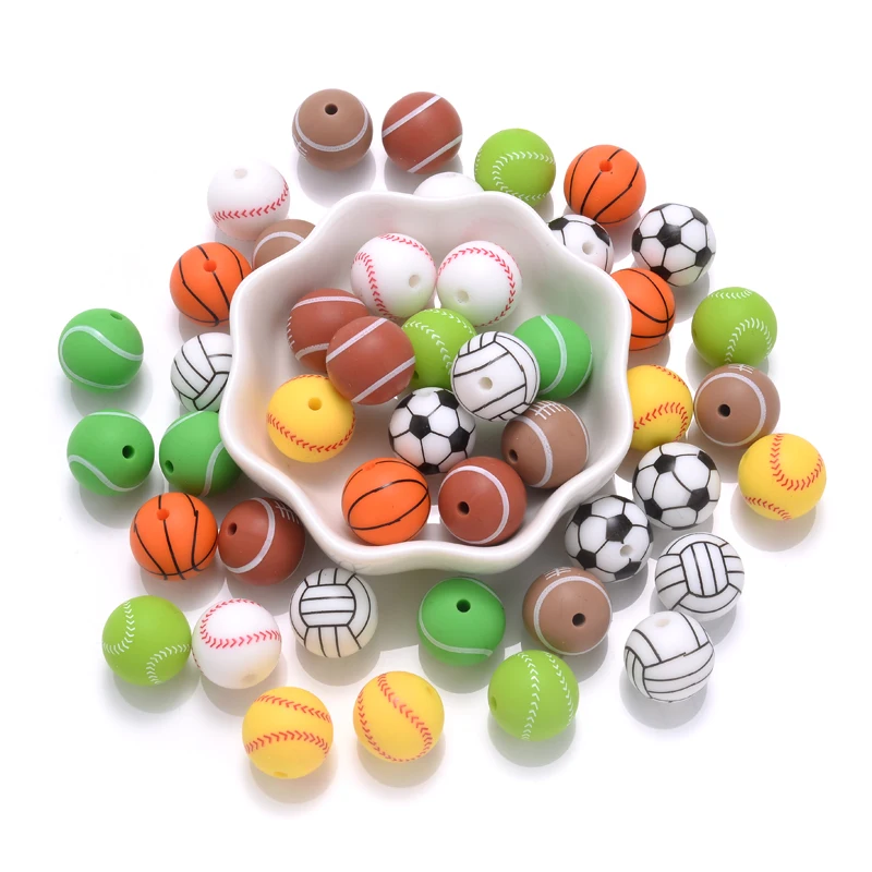 10Pcs 15mm Printed Silicone Beads Round Baseball Tennis Basketball Food Grade Teether Beads for DIY Baby Pacifier Chain Clip