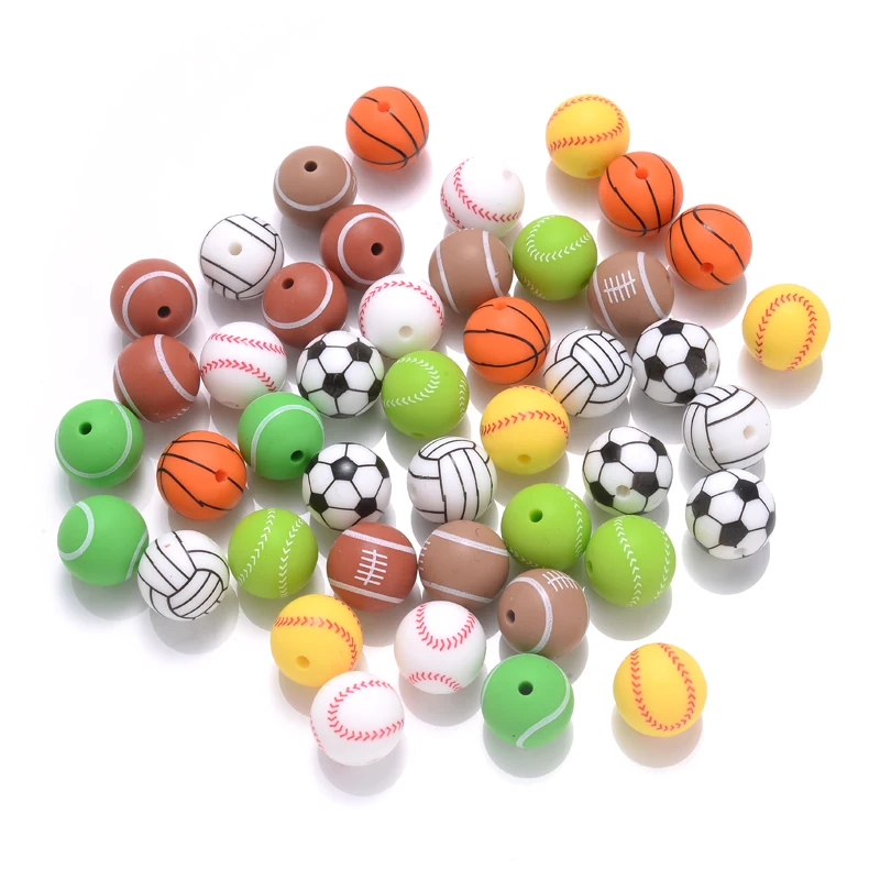 10Pcs 15mm Printed Silicone Beads Round Baseball Tennis Basketball Food Grade Teether Beads for DIY Baby Pacifier Chain Clip