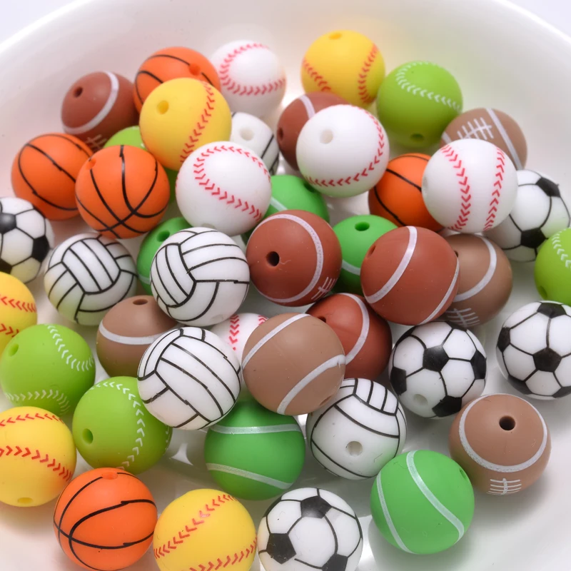 10Pcs 15mm Printed Silicone Beads Round Baseball Tennis Basketball Food Grade Teether Beads for DIY Baby Pacifier Chain Clip