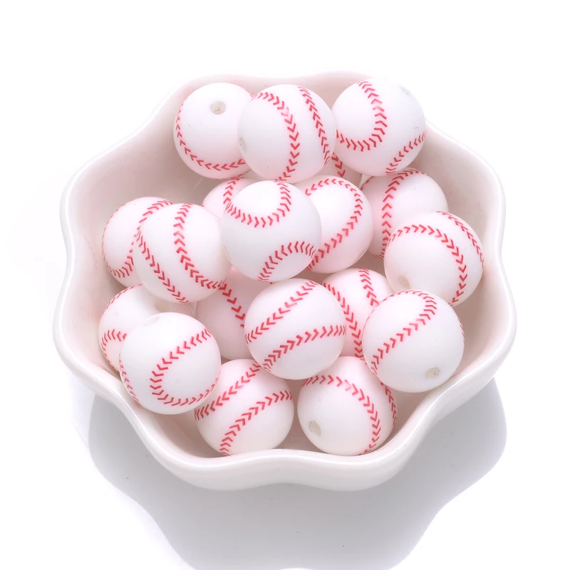 10Pcs 15mm Printed Silicone Beads Round Baseball Tennis Basketball Food Grade Teether Beads for DIY Baby Pacifier Chain Clip
