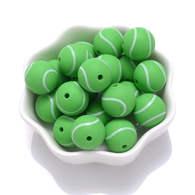 10Pcs 15mm Printed Silicone Beads Round Baseball Tennis Basketball Food Grade Teether Beads for DIY Baby Pacifier Chain Clip