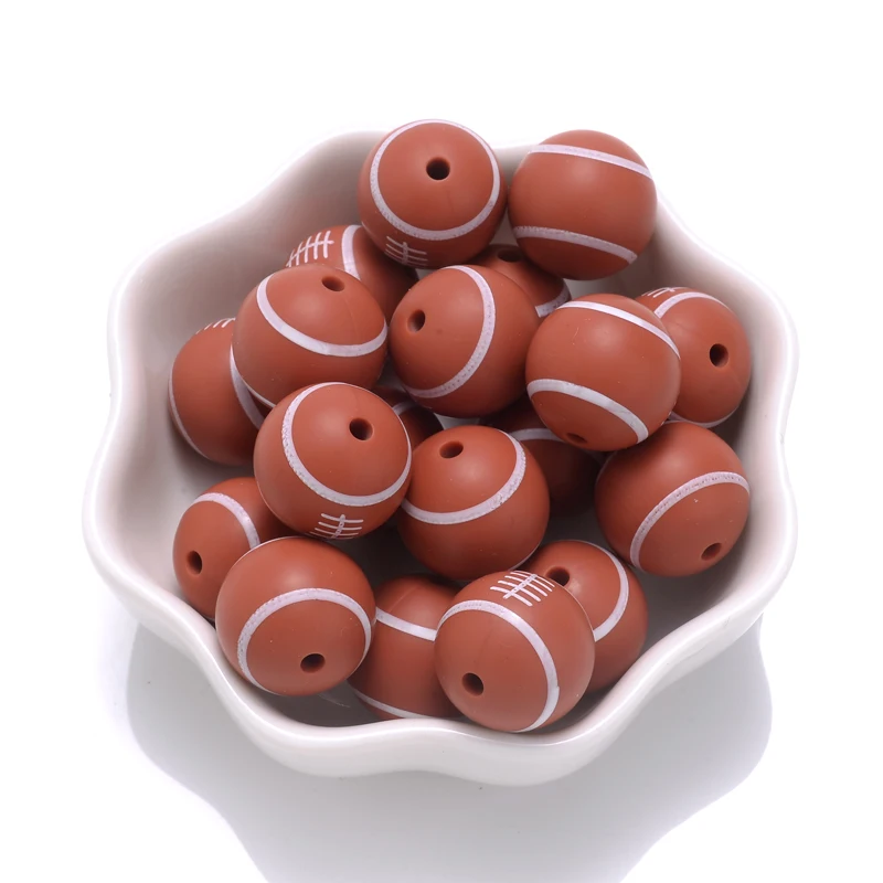 10Pcs 15mm Printed Silicone Beads Round Baseball Tennis Basketball Food Grade Teether Beads for DIY Baby Pacifier Chain Clip