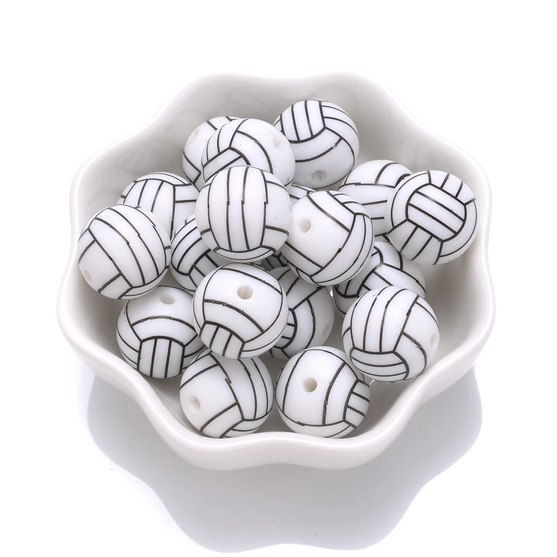 10Pcs 15mm Printed Silicone Beads Round Baseball Tennis Basketball Food Grade Teether Beads for DIY Baby Pacifier Chain Clip