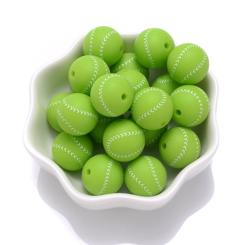 10Pcs 15mm Printed Silicone Beads Round Baseball Tennis Basketball Food Grade Teether Beads for DIY Baby Pacifier Chain Clip
