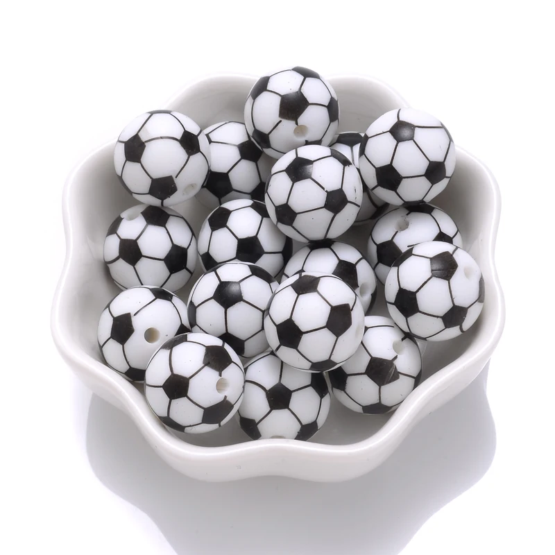 10Pcs 15mm Printed Silicone Beads Round Baseball Tennis Basketball Food Grade Teether Beads for DIY Baby Pacifier Chain Clip