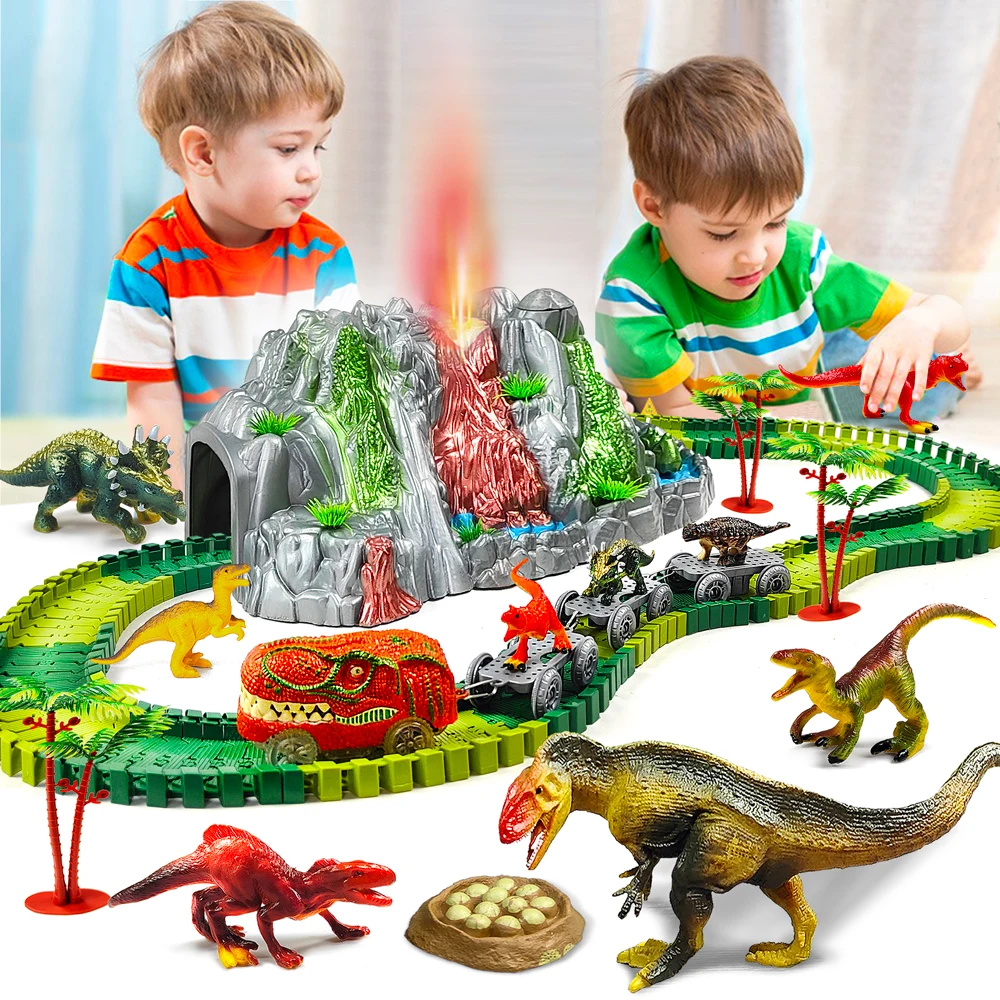 Dinosaur Toys for Kids Mist-spouting Volcano And Climbing Track Train Kit Toys for Boys/Girls Home Schoolers Gift for Party Deco