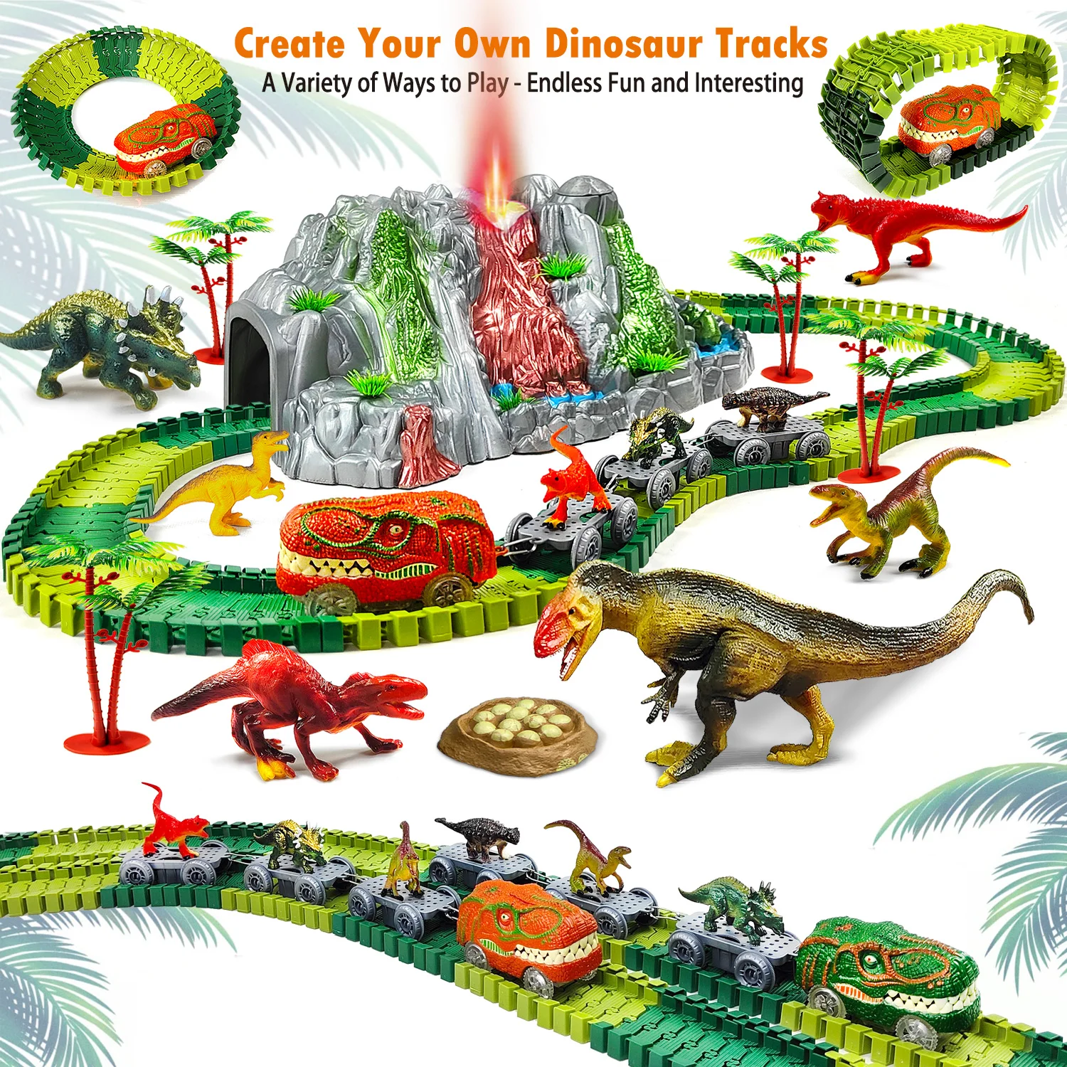Dinosaur Toys for Kids Mist-spouting Volcano And Climbing Track Train Kit Toys for Boys/Girls Home Schoolers Gift for Party Deco