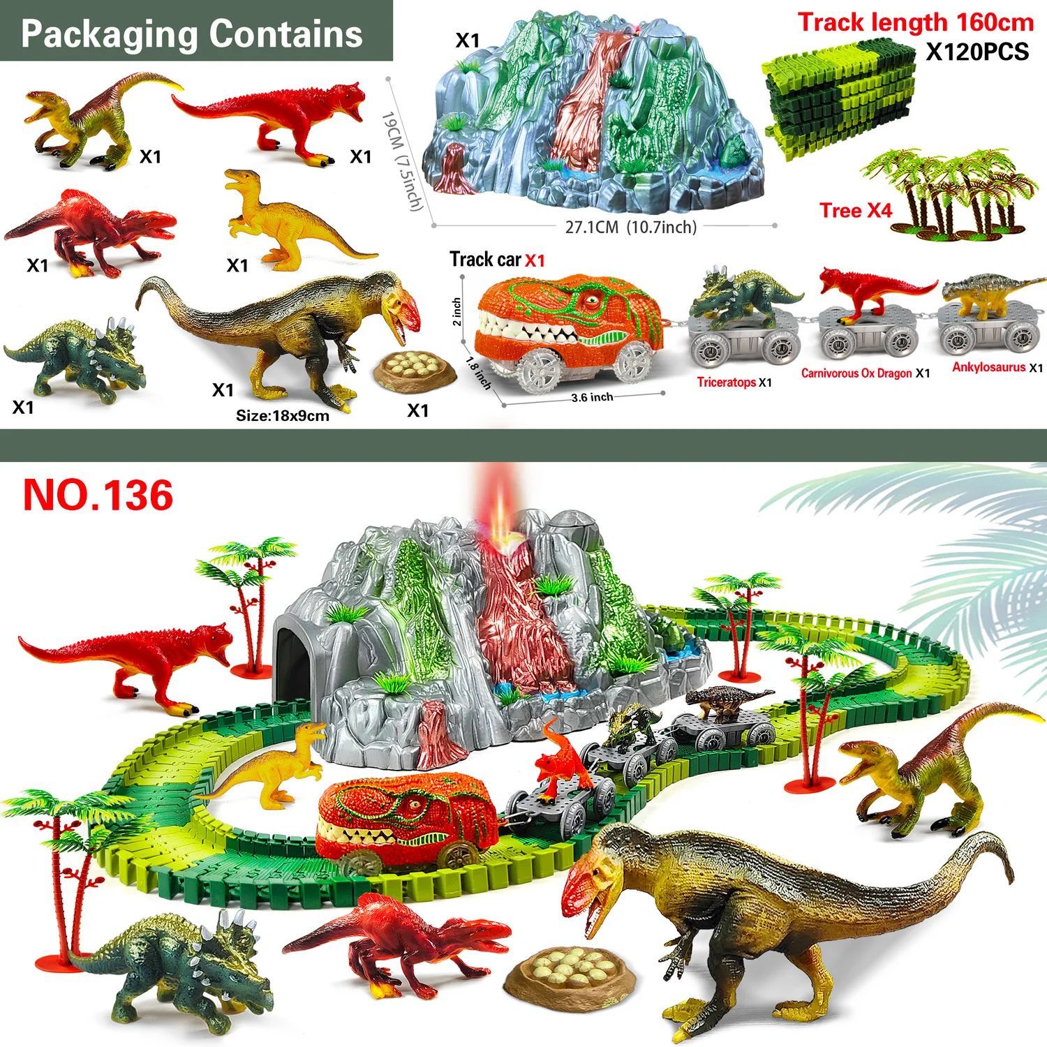 Dinosaur Toys for Kids Mist-spouting Volcano And Climbing Track Train Kit Toys for Boys/Girls Home Schoolers Gift for Party Deco