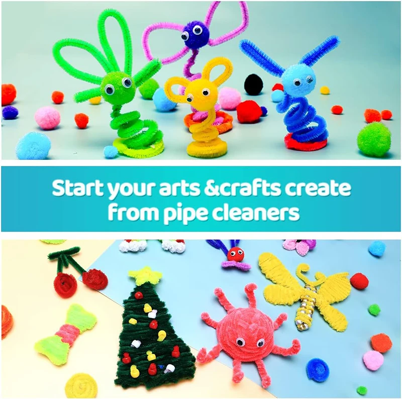 300pcs Kids Art Craft Supplies Set DIY Activities Parties 100 Pipe Cleaners 100 Pompoms 100 Wiggle Eyes Self Adhesive Toys Gifts
