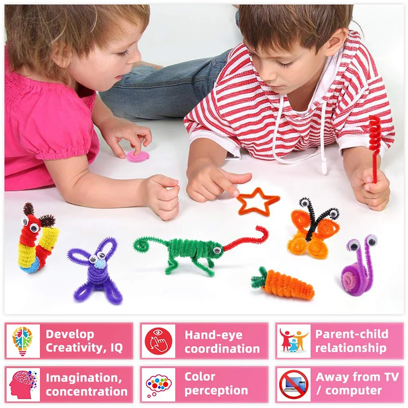 300pcs Kids Art Craft Supplies Set DIY Activities Parties 100 Pipe Cleaners 100 Pompoms 100 Wiggle Eyes Self Adhesive Toys Gifts