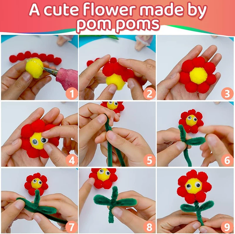 300pcs Kids Art Craft Supplies Set DIY Activities Parties 100 Pipe Cleaners 100 Pompoms 100 Wiggle Eyes Self Adhesive Toys Gifts