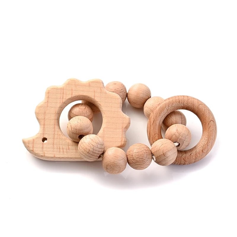 1Pcs Baby Wooden Teether Ring Food Grade Cartoon Animal Rattle Bracelet For Wooden Round Bead Baby Bracelet Teething Care Toys