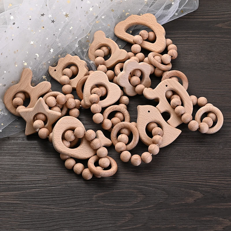 1Pcs Baby Wooden Teether Ring Food Grade Cartoon Animal Rattle Bracelet For Wooden Round Bead Baby Bracelet Teething Care Toys