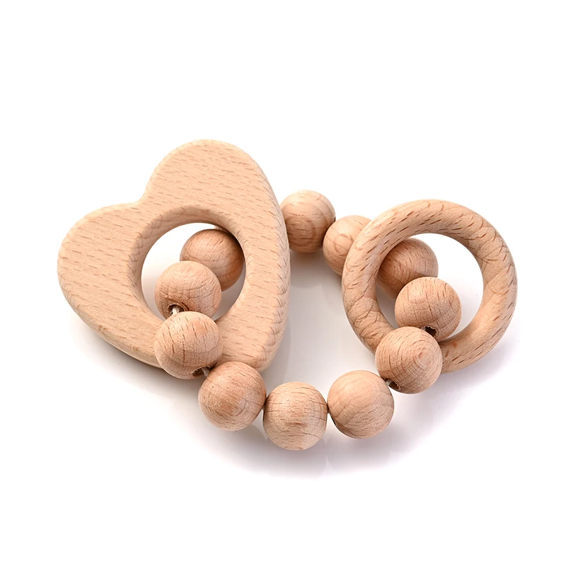 1Pcs Baby Wooden Teether Ring Food Grade Cartoon Animal Rattle Bracelet For Wooden Round Bead Baby Bracelet Teething Care Toys