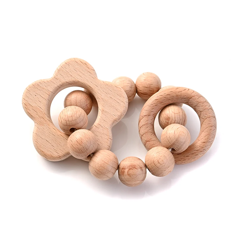 1Pcs Baby Wooden Teether Ring Food Grade Cartoon Animal Rattle Bracelet For Wooden Round Bead Baby Bracelet Teething Care Toys