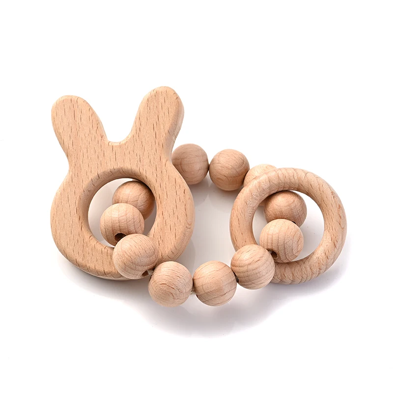 1Pcs Baby Wooden Teether Ring Food Grade Cartoon Animal Rattle Bracelet For Wooden Round Bead Baby Bracelet Teething Care Toys