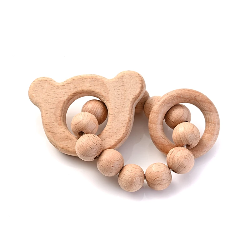1Pcs Baby Wooden Teether Ring Food Grade Cartoon Animal Rattle Bracelet For Wooden Round Bead Baby Bracelet Teething Care Toys