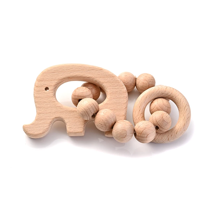 1Pcs Baby Wooden Teether Ring Food Grade Cartoon Animal Rattle Bracelet For Wooden Round Bead Baby Bracelet Teething Care Toys