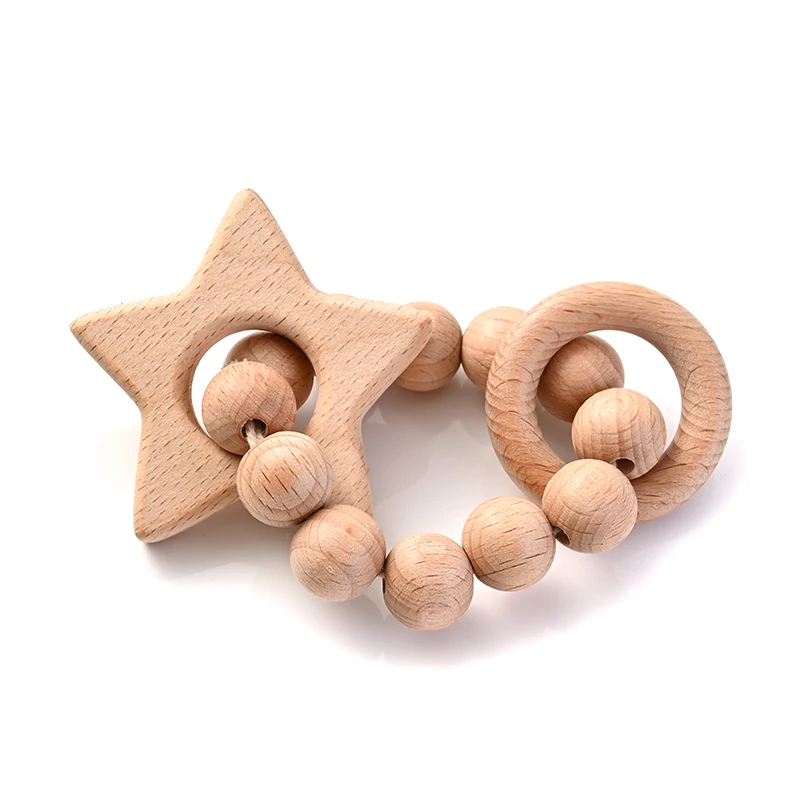 1Pcs Baby Wooden Teether Ring Food Grade Cartoon Animal Rattle Bracelet For Wooden Round Bead Baby Bracelet Teething Care Toys