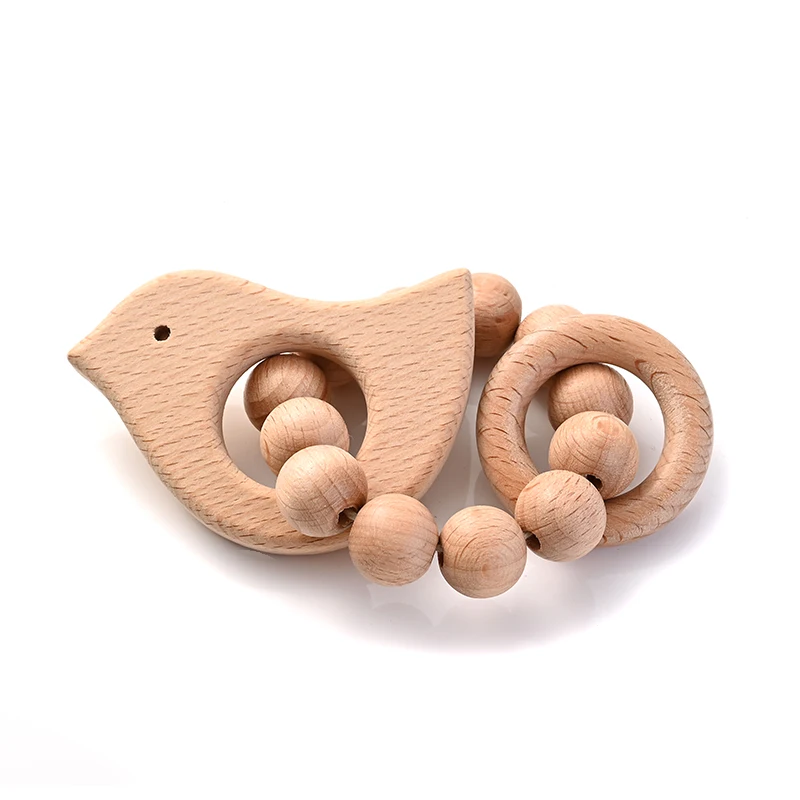 1Pcs Baby Wooden Teether Ring Food Grade Cartoon Animal Rattle Bracelet For Wooden Round Bead Baby Bracelet Teething Care Toys