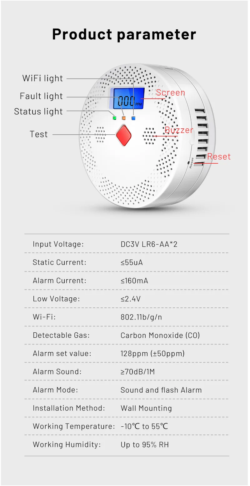 Tuya WiFi Smart Carbon Monoxide Detector Alarm 85dB Sound Warning LCD Digital Display Home Indoor CO Alert Siren