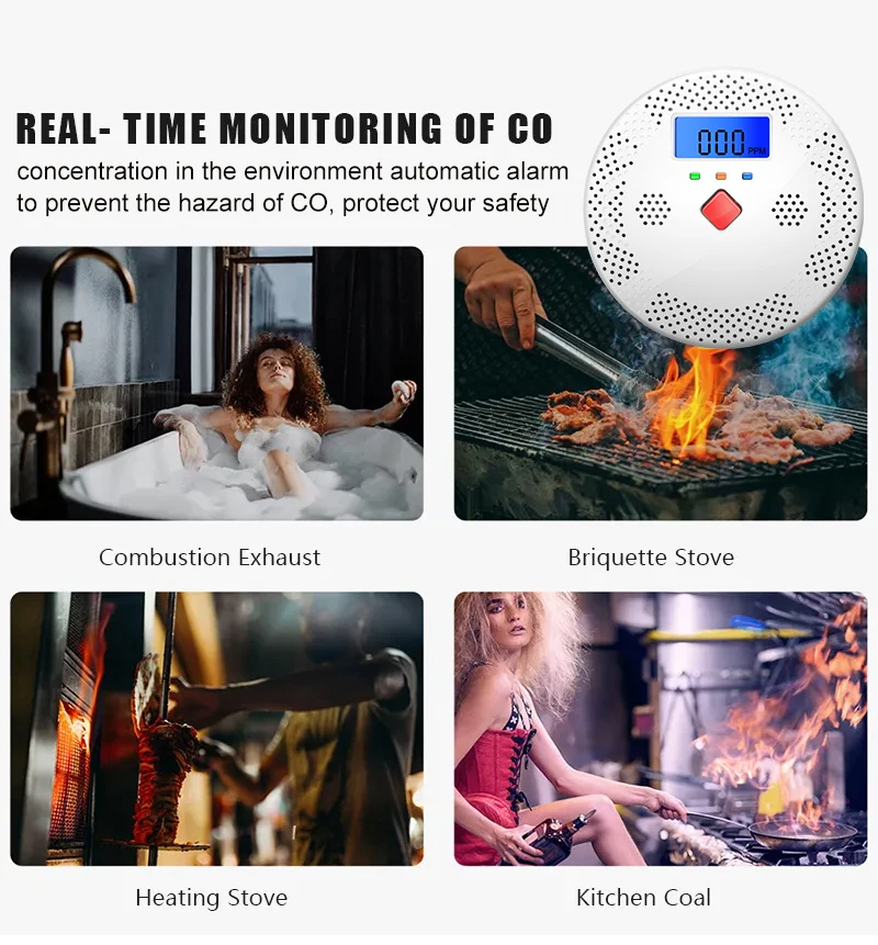 Tuya WiFi Smart Carbon Monoxide Detector Alarm 85dB Sound Warning LCD Digital Display Home Indoor CO Alert Siren