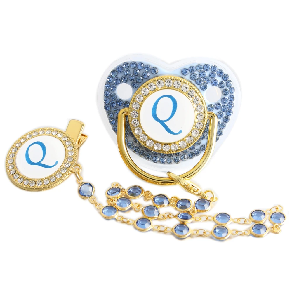 26 Letters Pacifier Blue Baby Pacifier with Bead Chain Gem Clip /Teether Toy