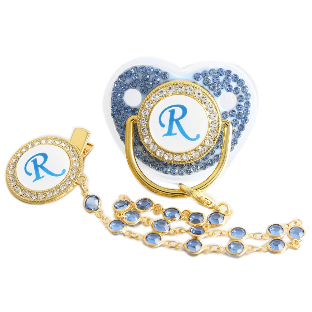 26 Letters Pacifier Blue Baby Pacifier with Bead Chain Gem Clip /Teether Toy