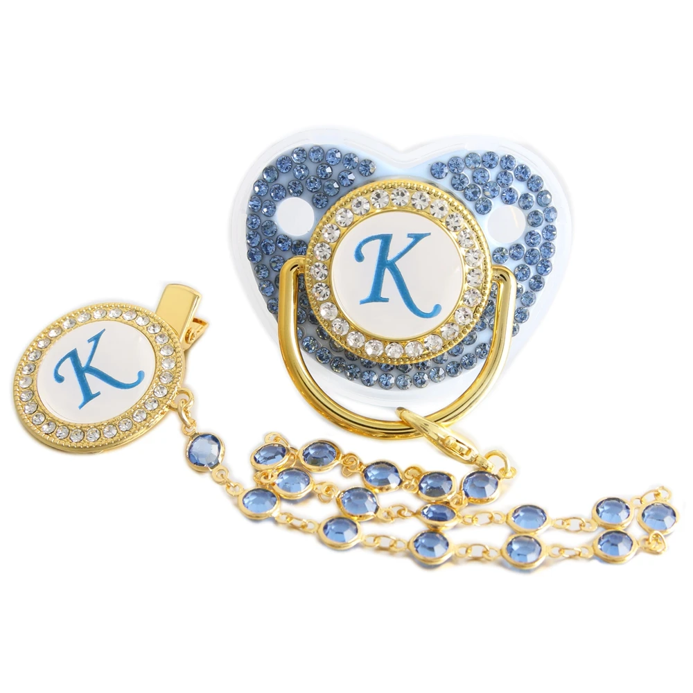 26 Letters Pacifier Blue Baby Pacifier with Bead Chain Gem Clip /Teether Toy