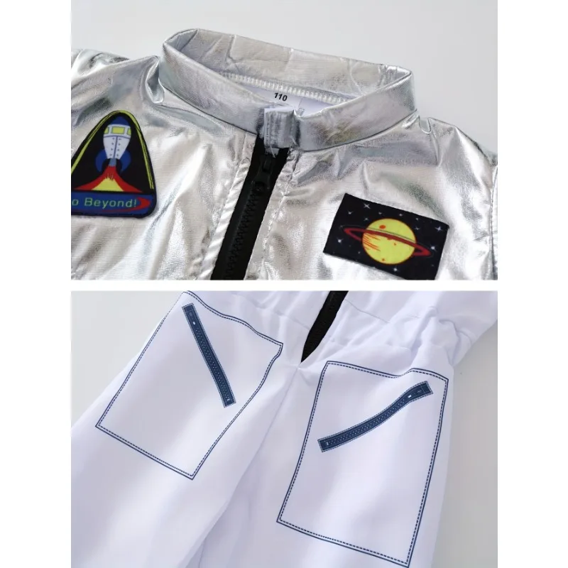 Boy's Cartoon Astronaut Cosplay Costume, Halloween Dress Up One-piece Jumpsuit & Hat, Kid's Dress Up Outfit For Carnival Party